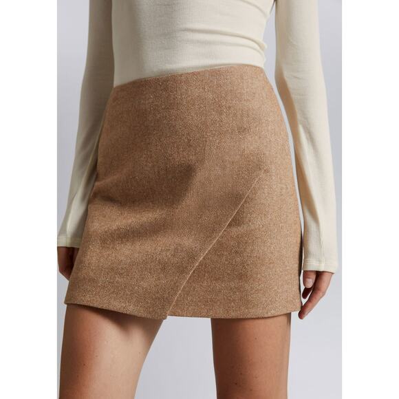 New NWT & Other Stories Tan Wool Silk Blend Tweed Asymmetric Mini Skirt - 10 - Picture 1 of 9